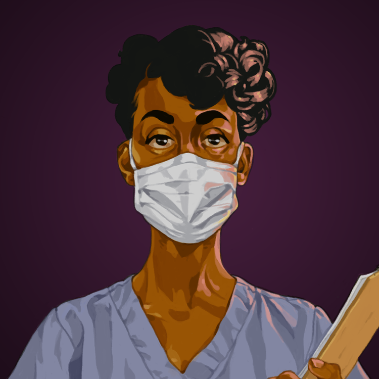 illustration by Ashley Floréal of a Black healthcare worker wearing scrubs and a face mask