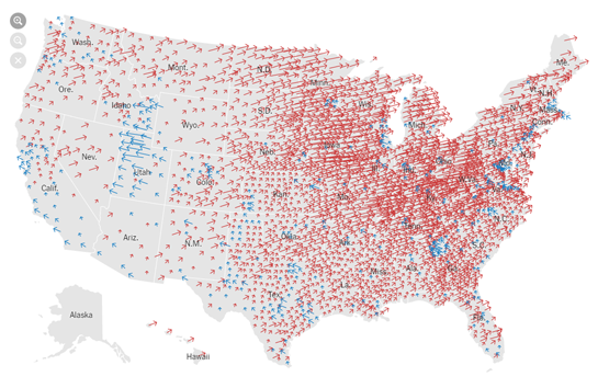 NY Times map of the U.S. showing marked shift in Republican votes particularly across the Rust Belt and Southeast