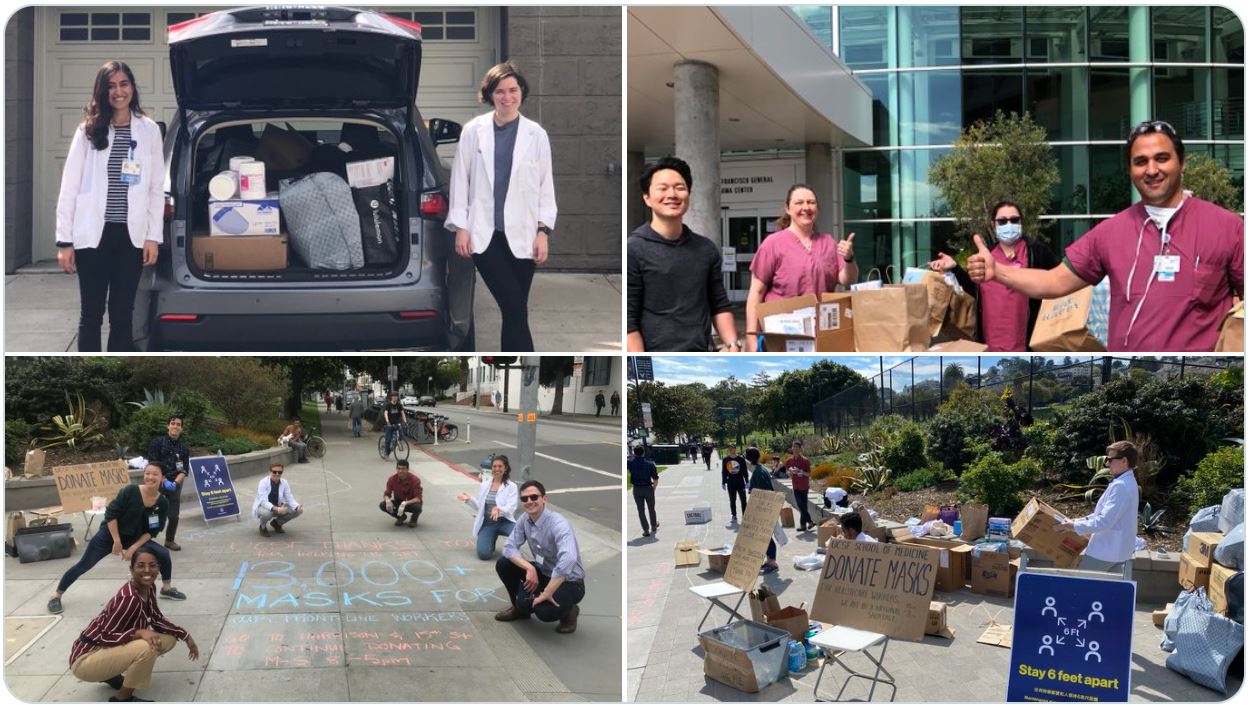 4 photos of UCSF students collecting masks and other critical items