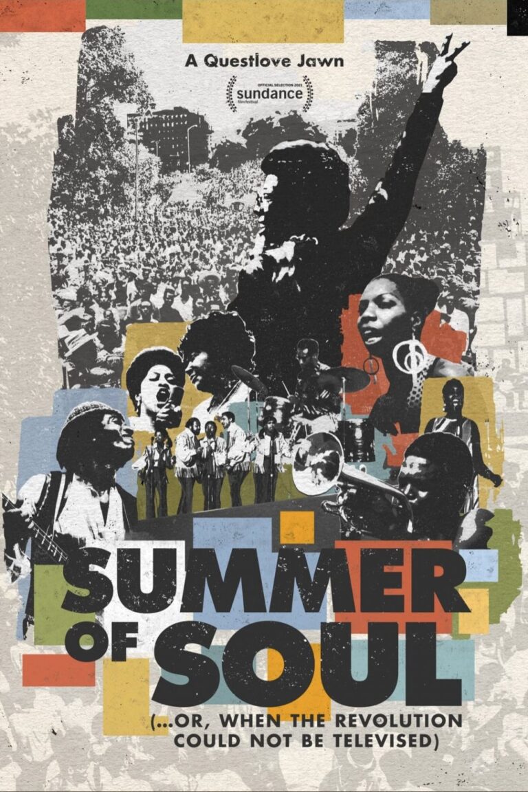 movie poster for Summer of Soul with black and white photos of various performers and the large audience